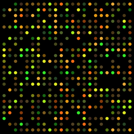 a green and orange dot pattern on a black background