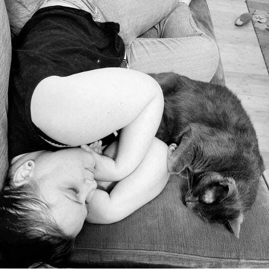 a baby laying on a couch next to a cat
