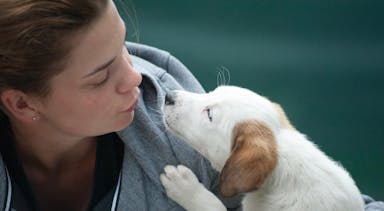 a woman kissing a puppy on the nose