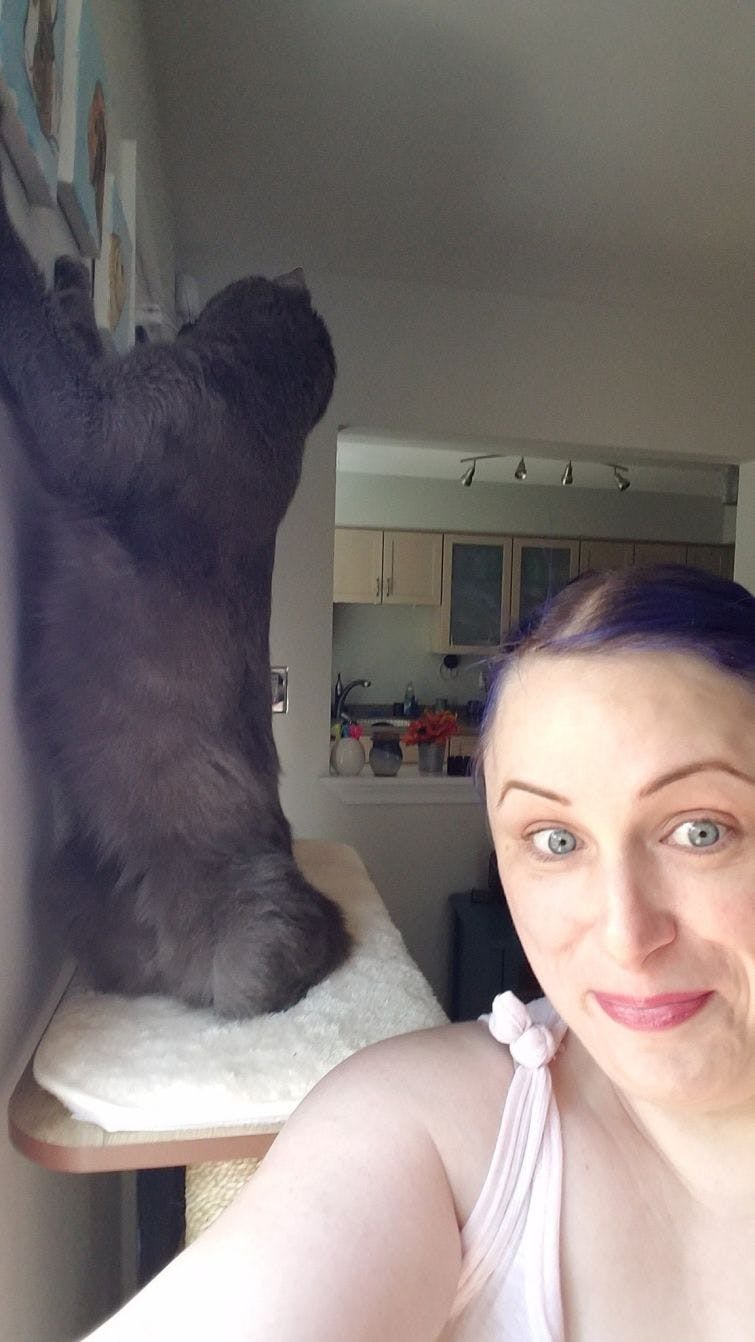 a woman is taking a selfie with a cat
